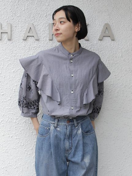 コットンローンワッシャー フラワーリーフボーラーレース袖フリル