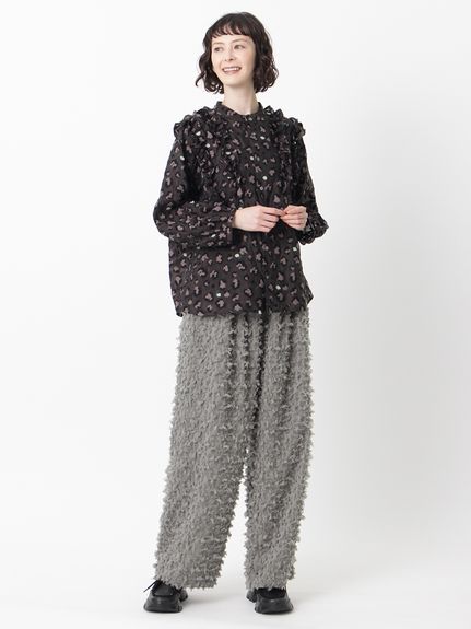 レオパードフラワーカットジャカードショルダーフリルブラウス