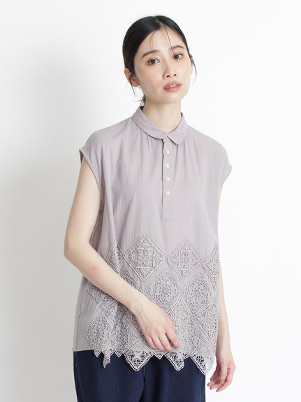 コットンカルゼスクエアケミカルレースフレンチスリーブブラウス