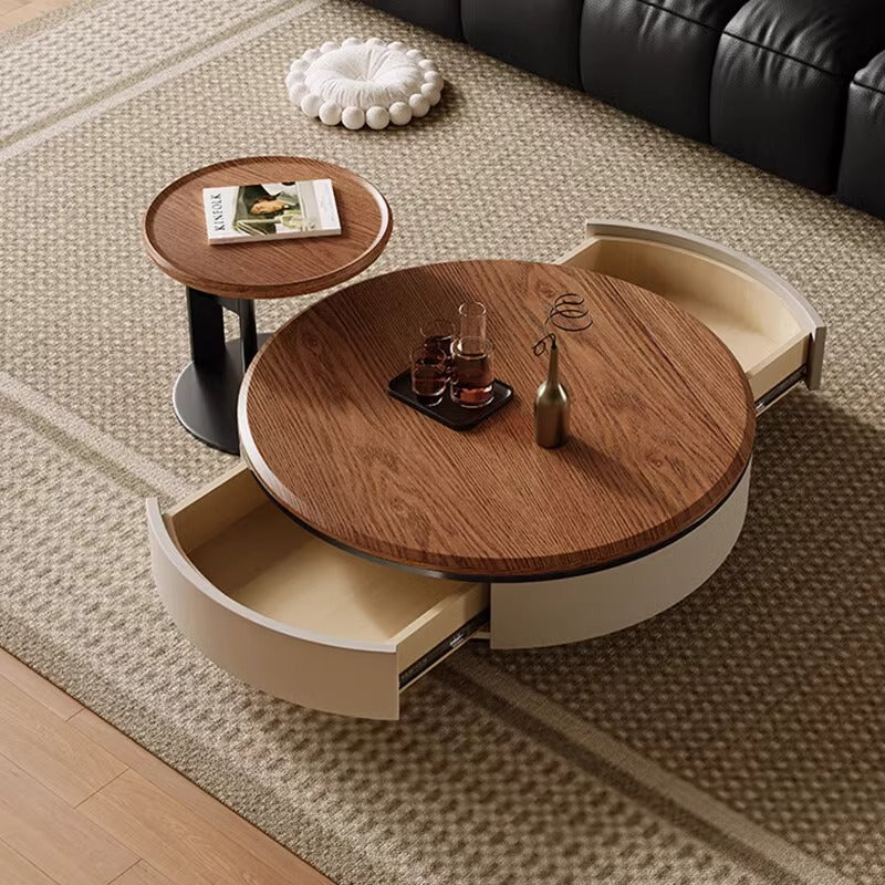 ウォールナットラウンドローテーブル | 引き出し付き大容量収納で生活