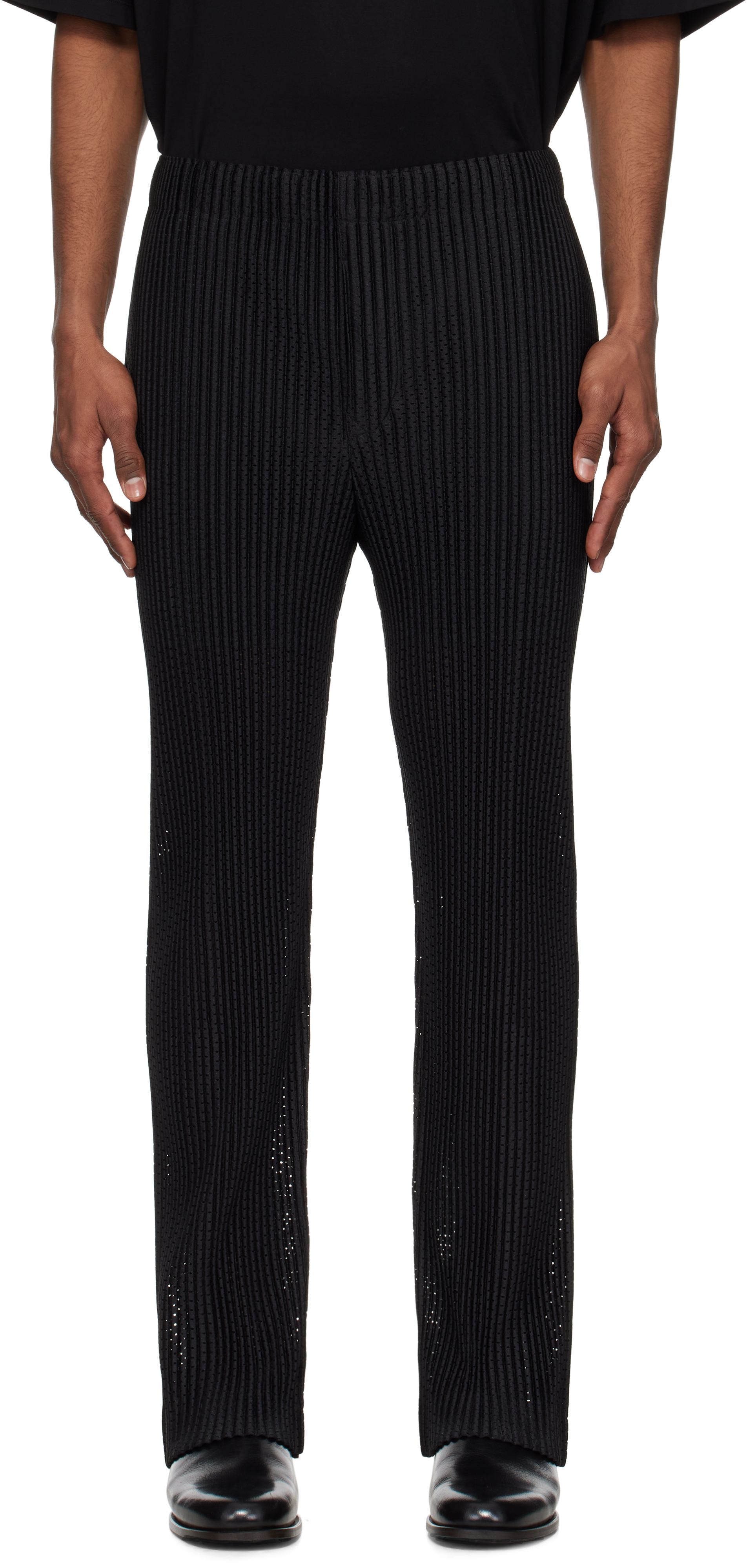 Black Outer Mesh Trousers by HOMME PLISSÉ ISSEY MIYAKE on Sale