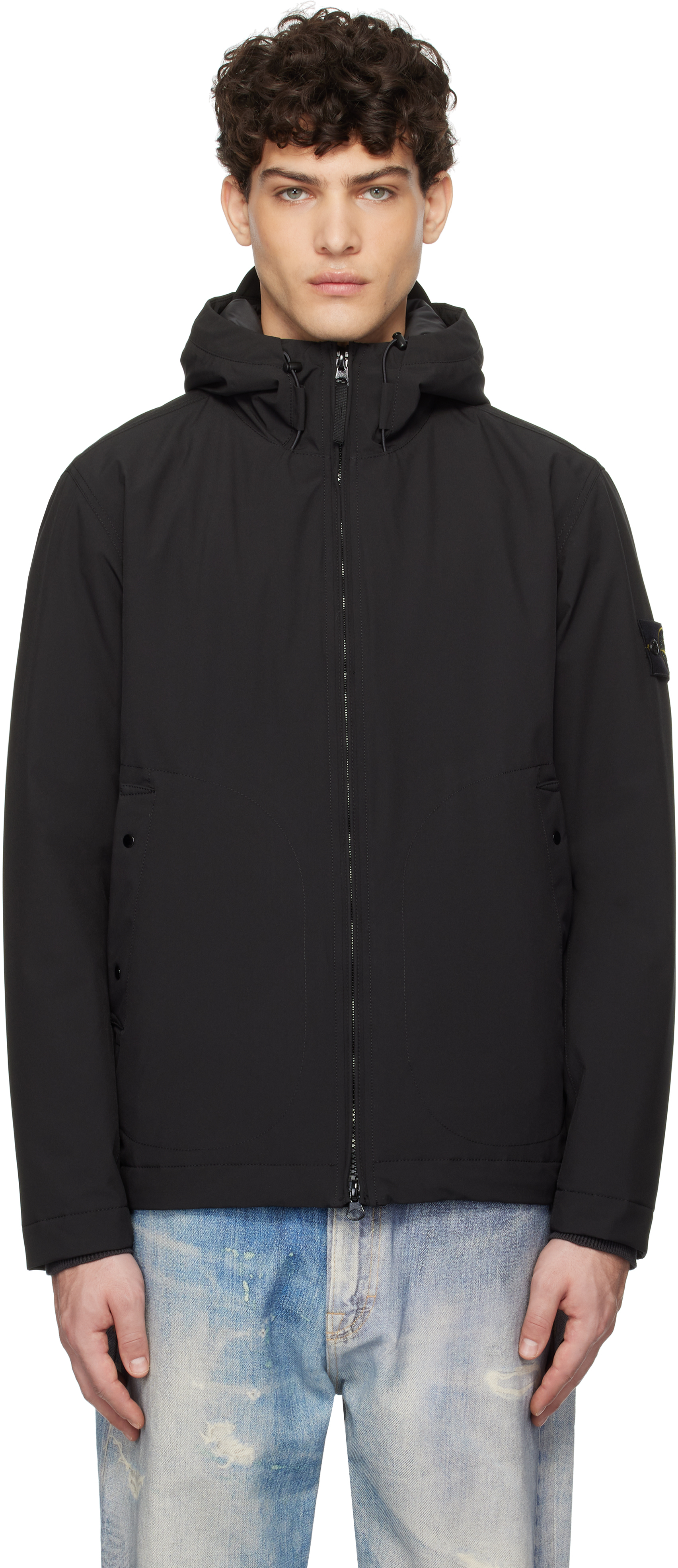 Stone Island: ブラック ショート ソフトシェル ジャケット | SSENSE 日本