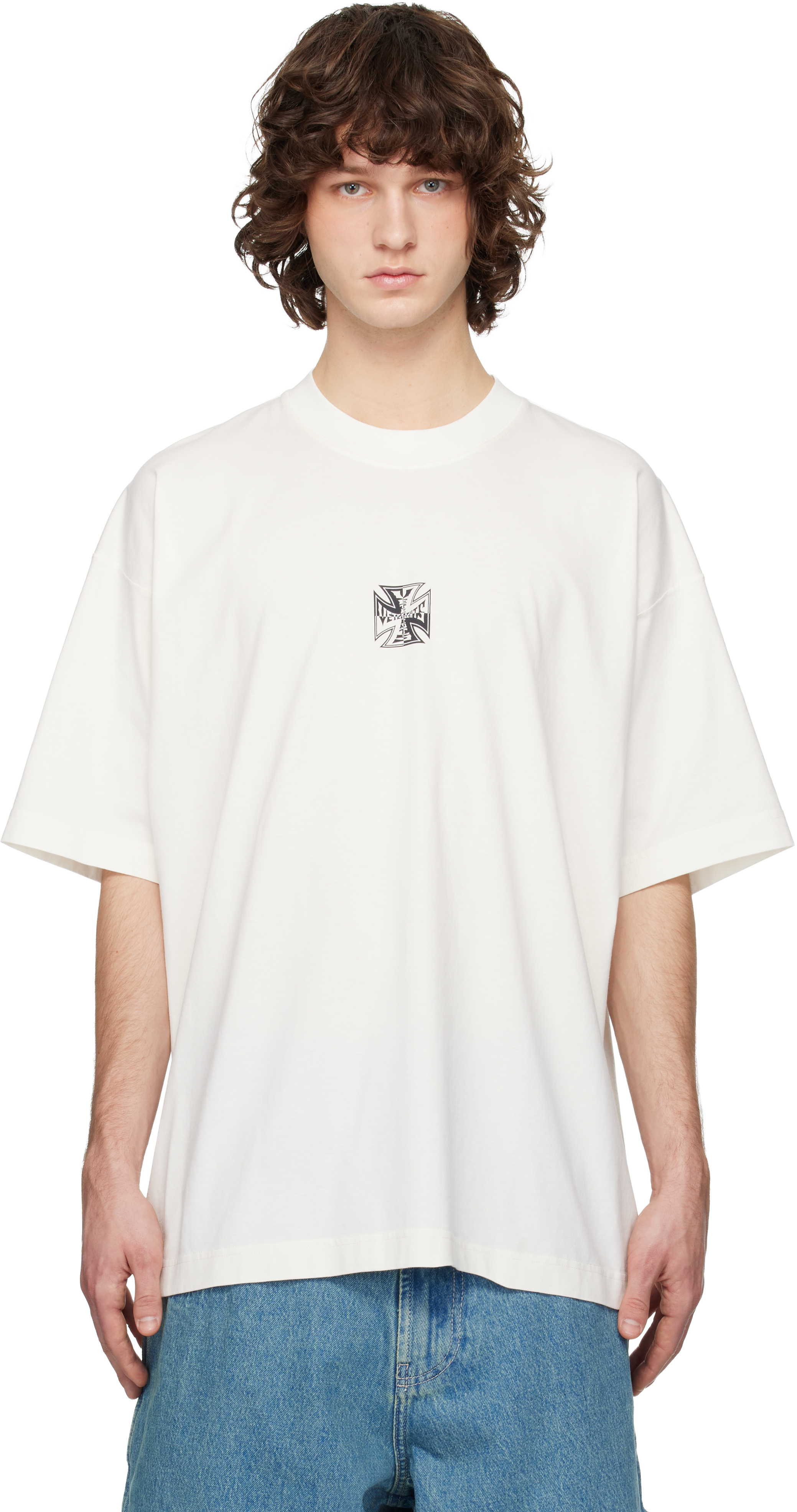 VETEMENTS: Off-White Biker Cross Logo T-shirt | SSENSE