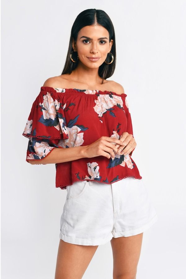Red Blouse - Off Shoulder Blouse - Red Ruffle Blouse - Floral Print
