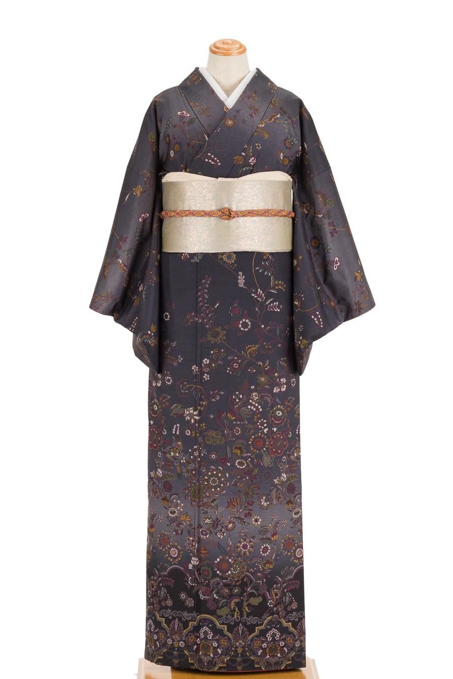 大島紬 総柄訪問着 唐花模様 ゆったりサイズ - からん::アンティーク