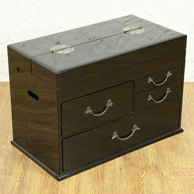 大正期 黒塗り硯箱 小引出し付き書道具入れ