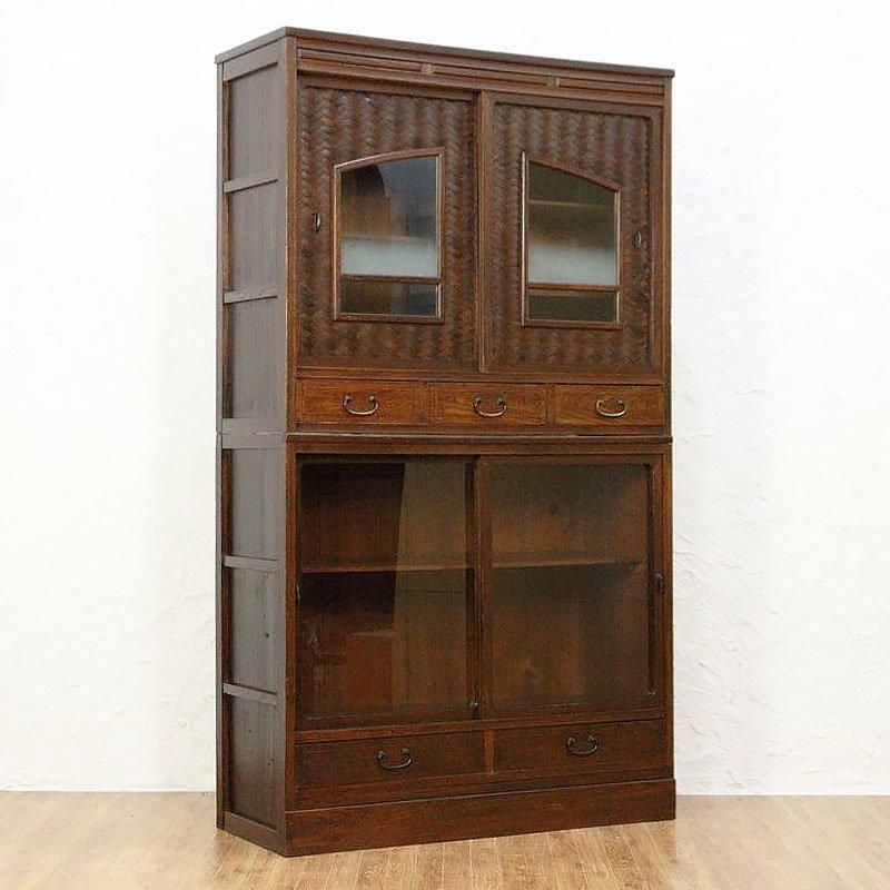 d*u様 レトロ水屋箪笥 アンティーク食器棚 木製ガラス戸棚 モール