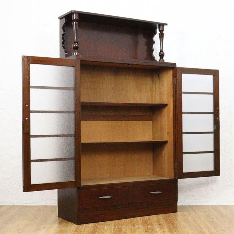 昭和期 すりガラス柱本箱 引出し付収納棚