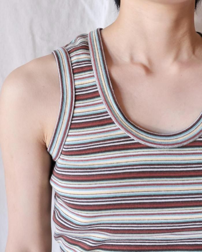 FUMIKA UCHIDA： MULTICOLOR STRIPE U-NECK TANKTOP - BRW/BRD/GRN