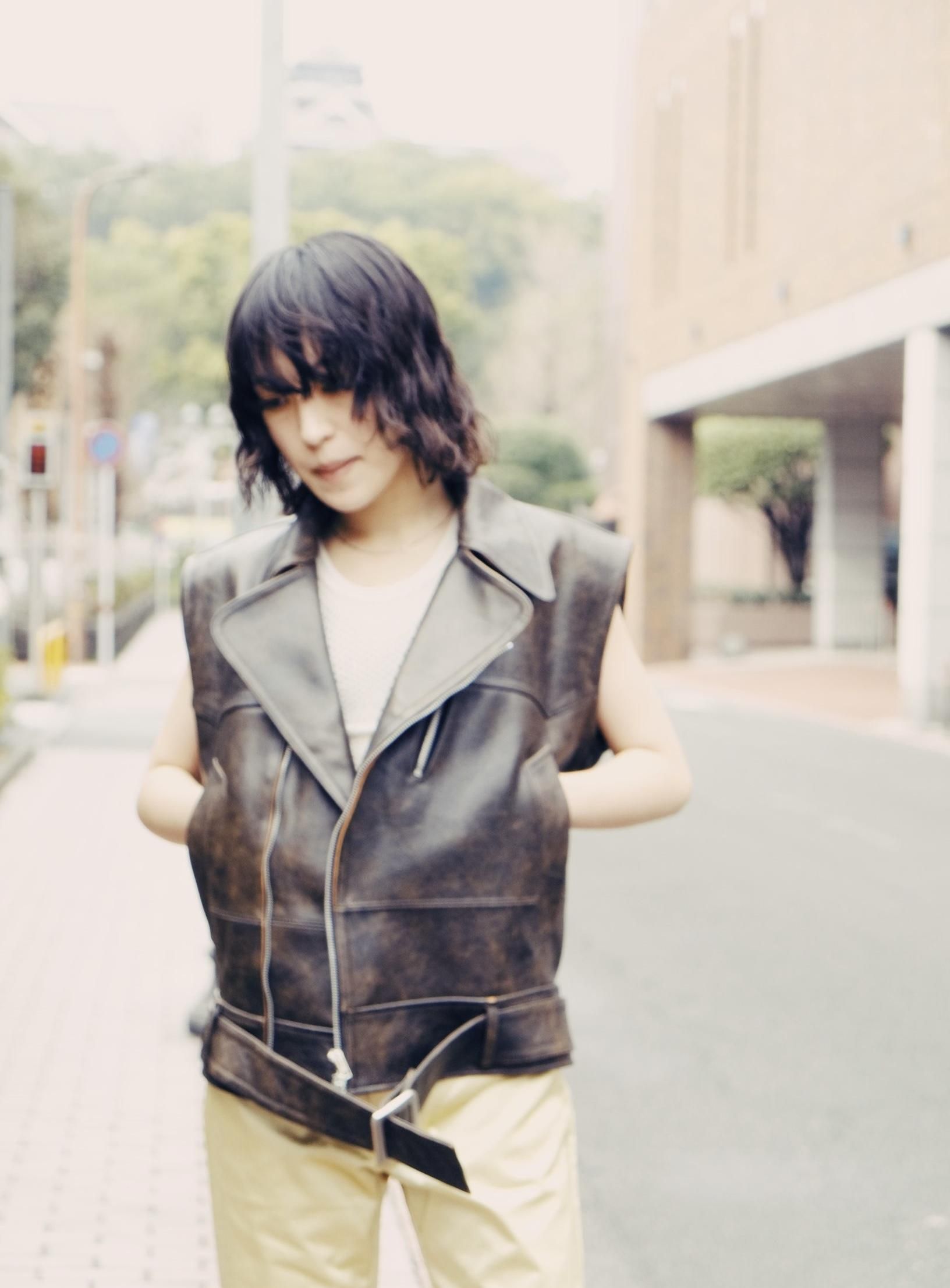 FUMIKA UCHIDA： LEATHER SLEEVELESS DOUBLE RIDERS JACKET - BLACK