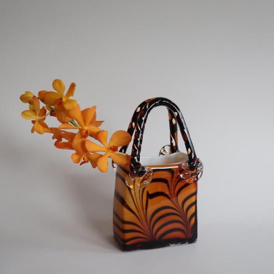 Vintage bag motif glass flower vase amber×marble/ビンテージ バッグ