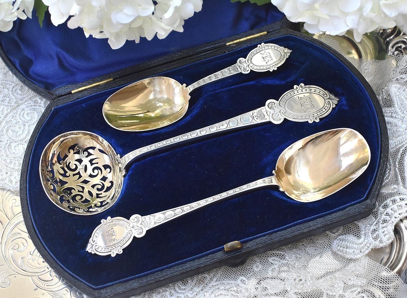 英国アンティーク銀器【純銀】1874年 透かしのスプーン,ジャムスプーン