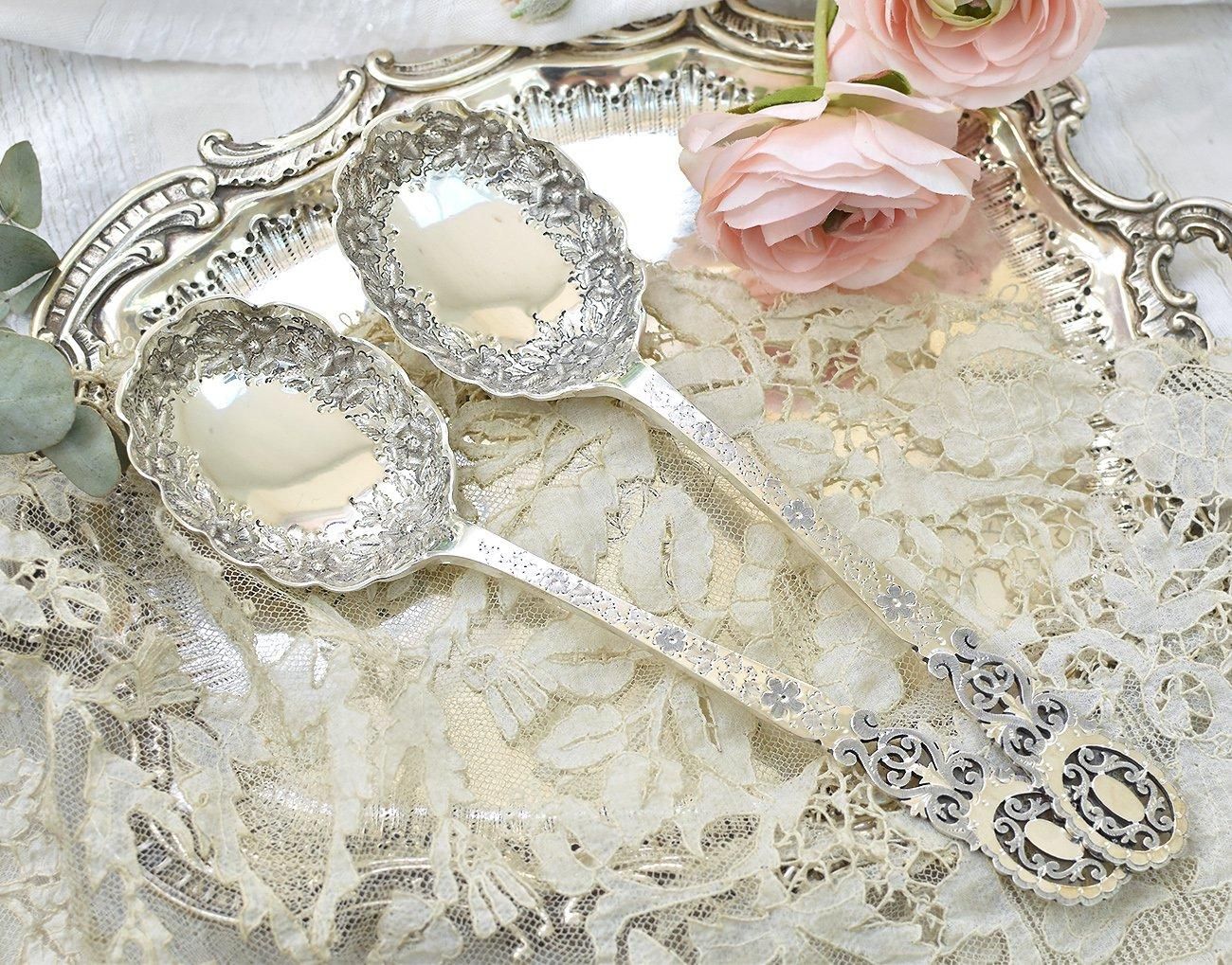 英国アンティーク銀器【純銀】1902年 サービングスプーンペア James