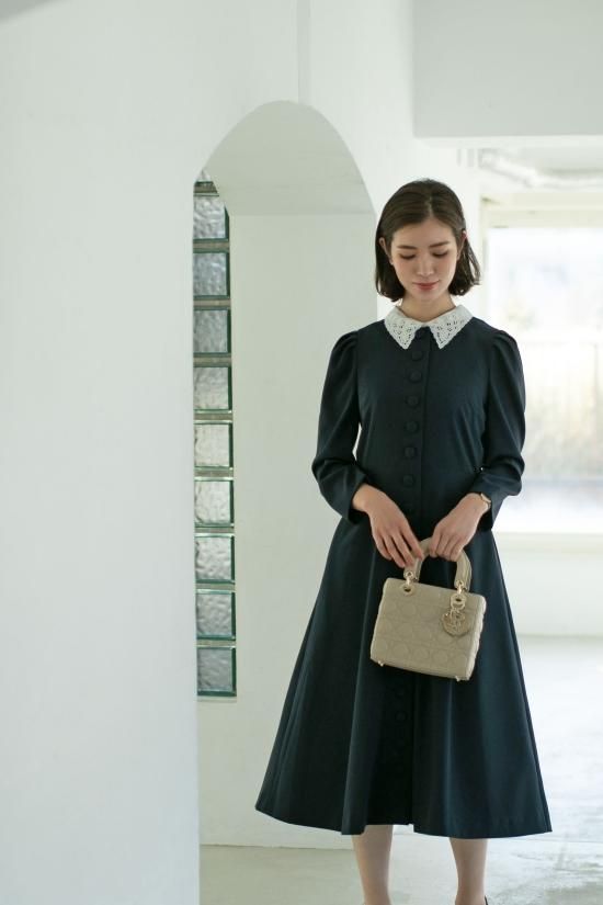 20％off】フロントボタンネイビーワンピース - seventen