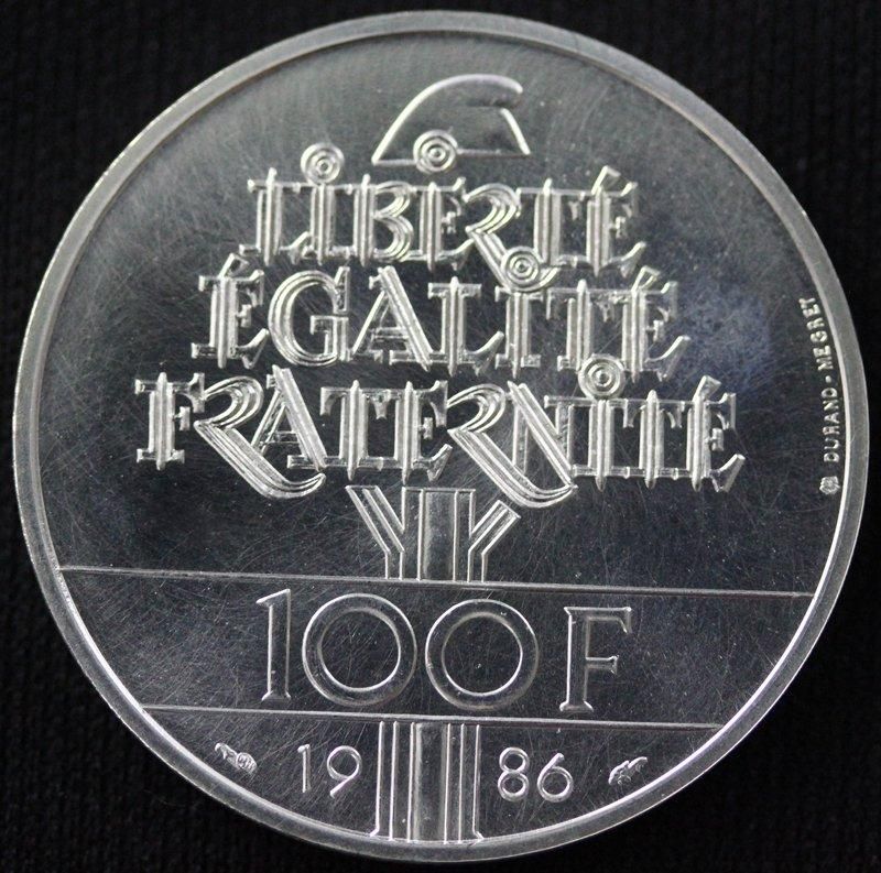 フランス France 第五共和政 自由の女神 Essai 100フラン 銀貨 1986年