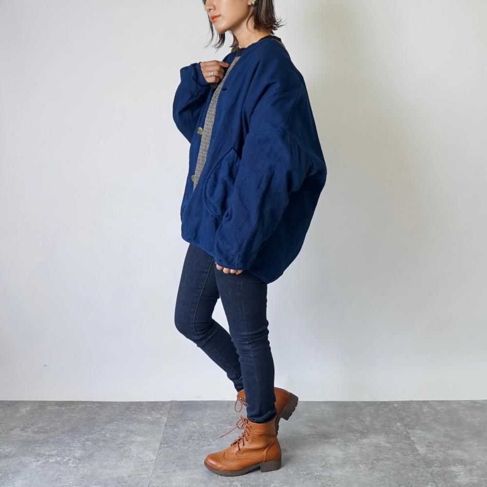 ノーカラージャケット/ネイビー/三河木綿 刺し子織