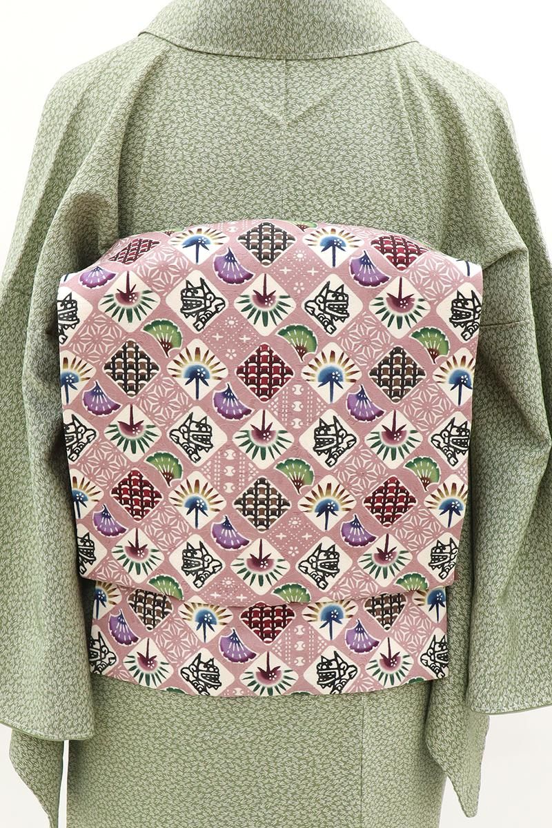 銀座【H-0270】染千花製 琉球紅型 染名古屋帯 深い灰桜色 菱に植物文