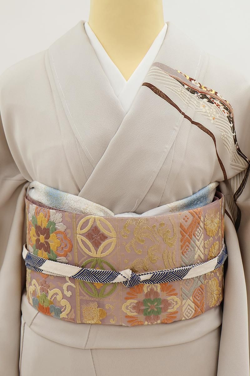 銀座【L-8154】西陣 藤原製 袋帯 梅鼠色 横段に華文など（落款入