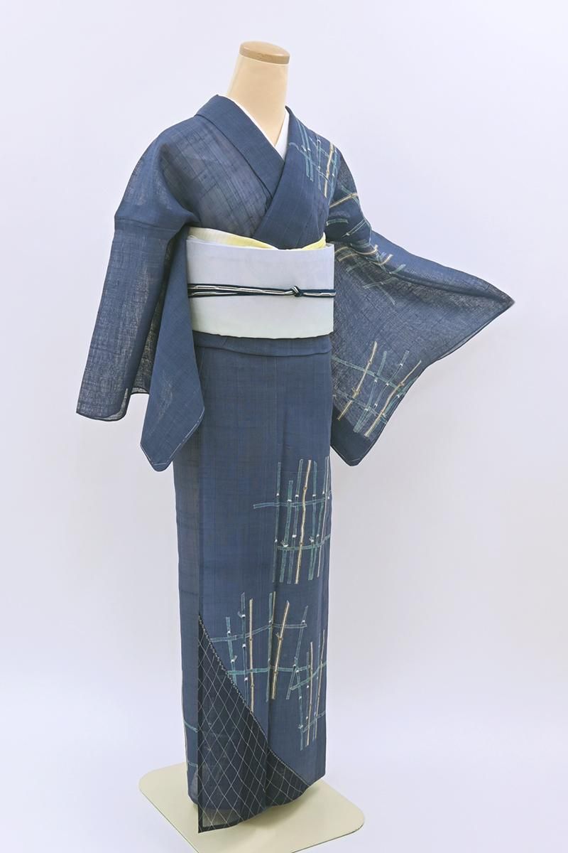 銀座【B-4181】夏紬地 付下げ 瑠璃色 竹垣に網干の図（銀座秀粋扱い