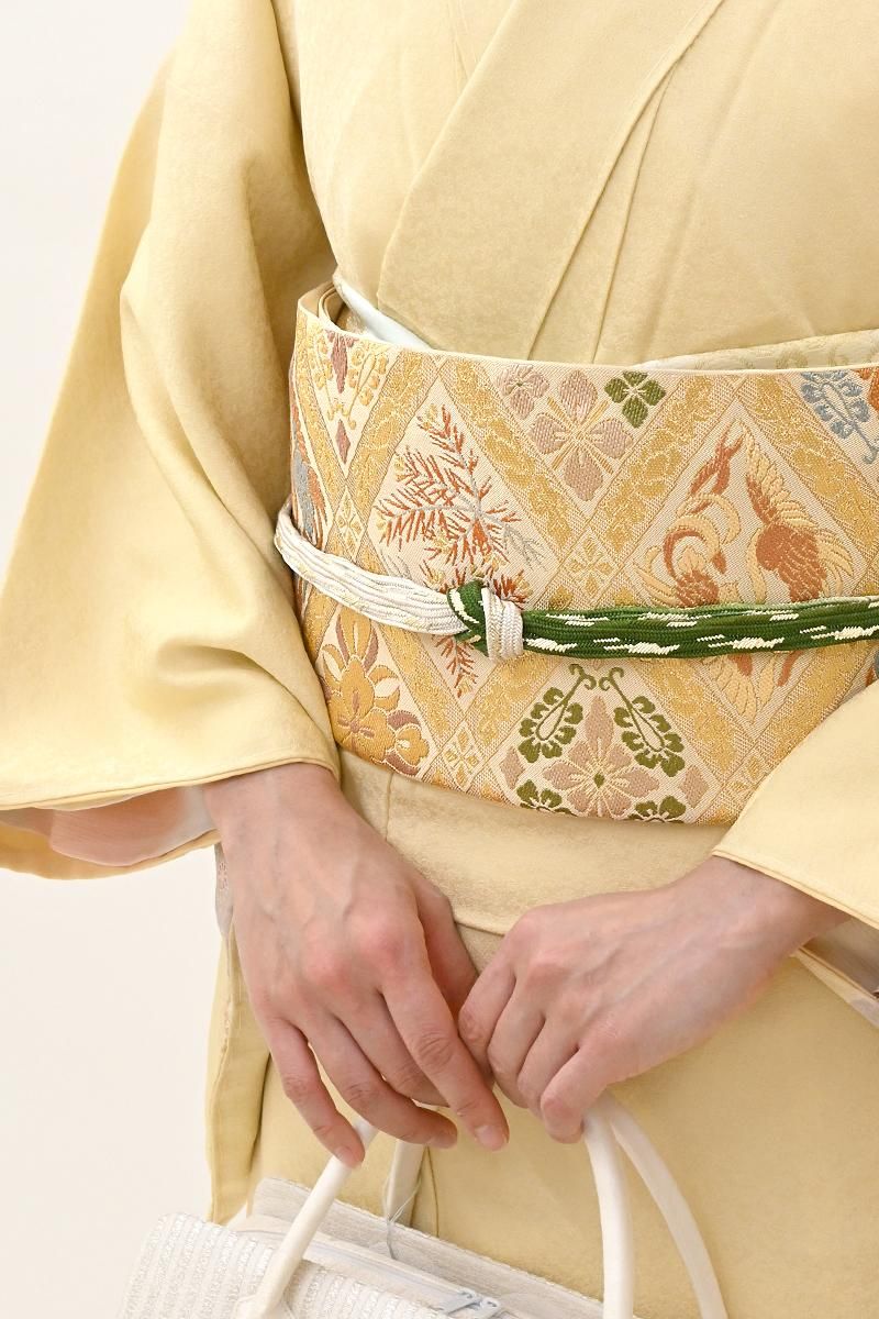 銀座【L-8749】西陣 川島織物製 本袋帯 白茶色 有職菱文（落款入