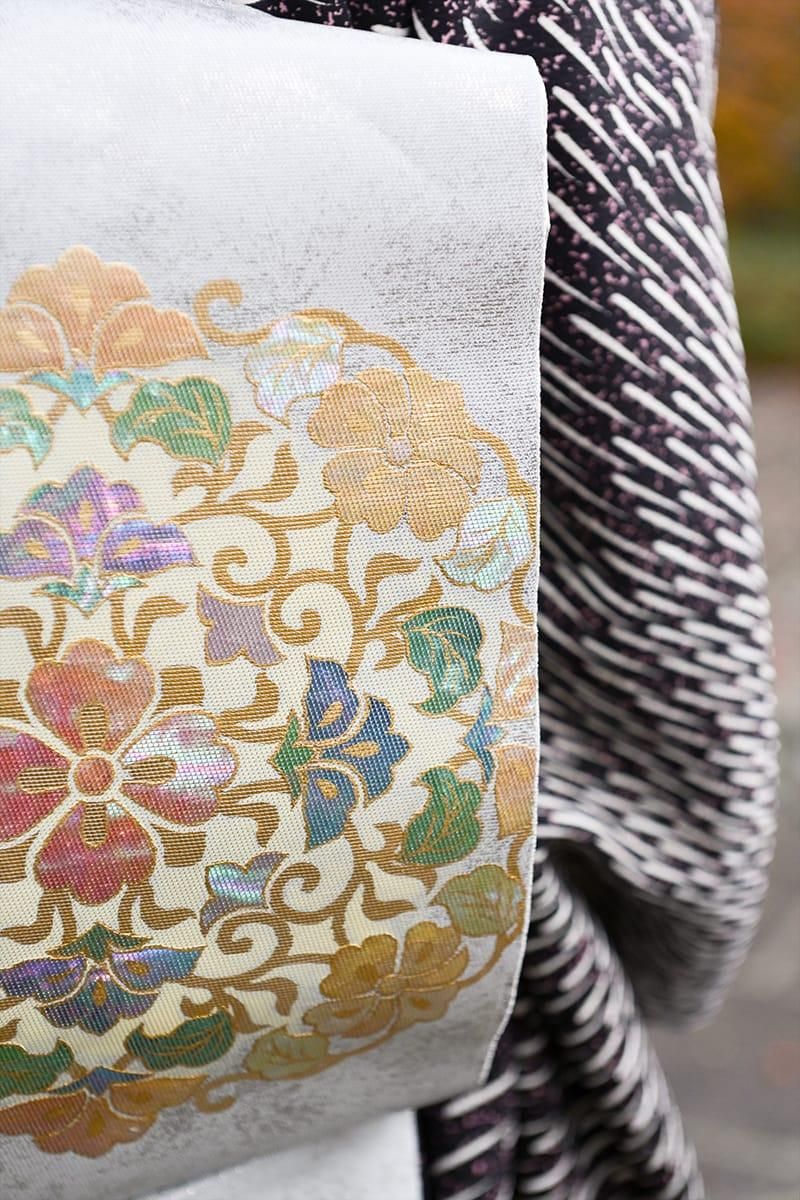 銀座【帯5941】西陣 川島織物製 プラチナ箔 螺鈿引箔 本袋帯（西陣証紙