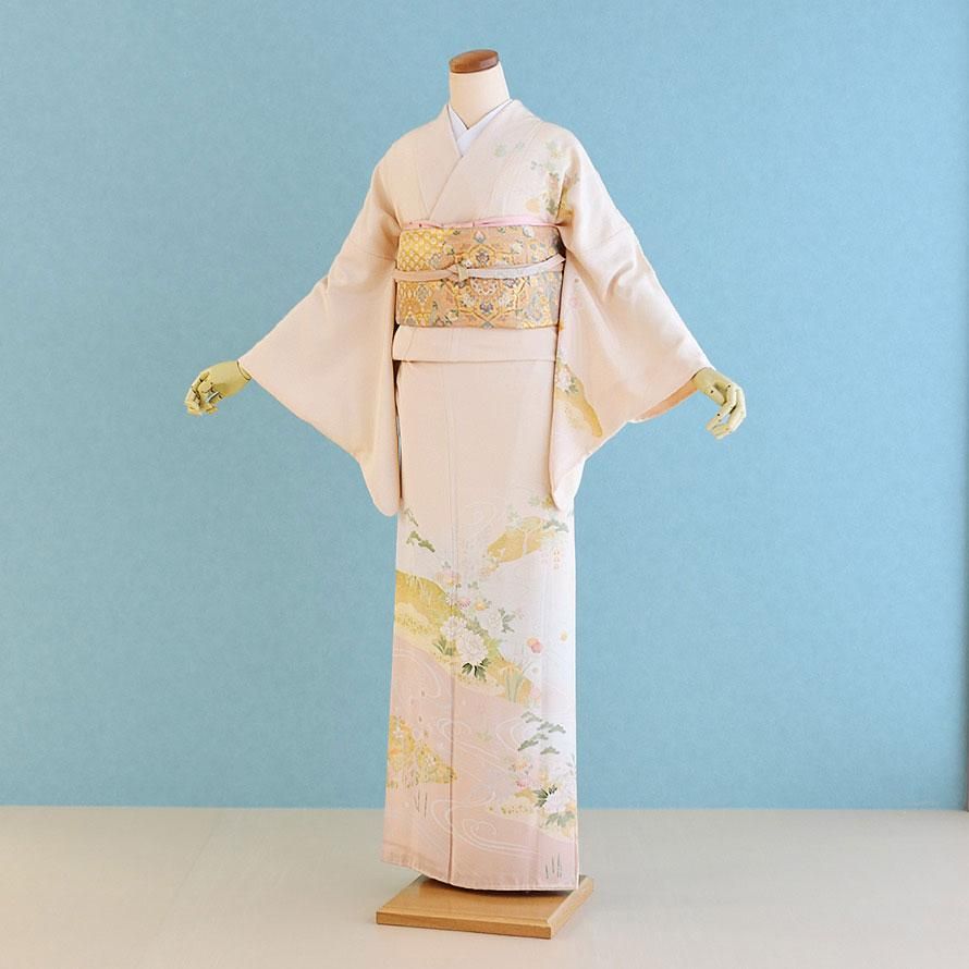 訪問着レンタル（HM0002）うすオレンジ/流水・花柄 正絹 - 東京