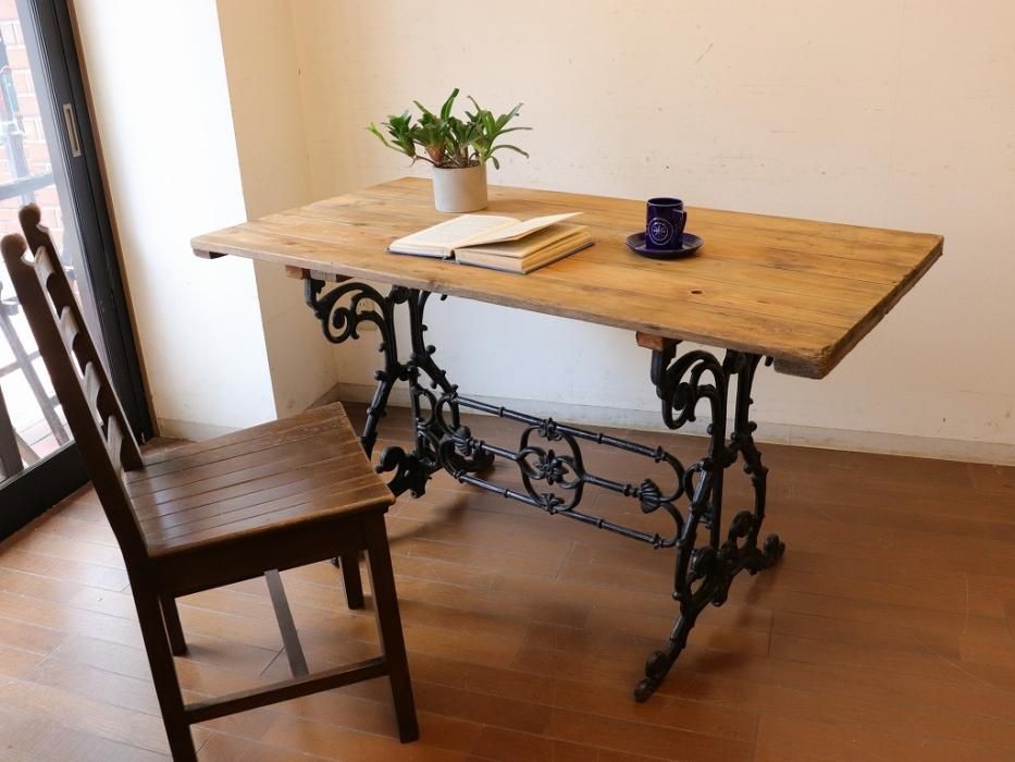 アンティークパイン W130アイアン脚テーブル～【パインフラット