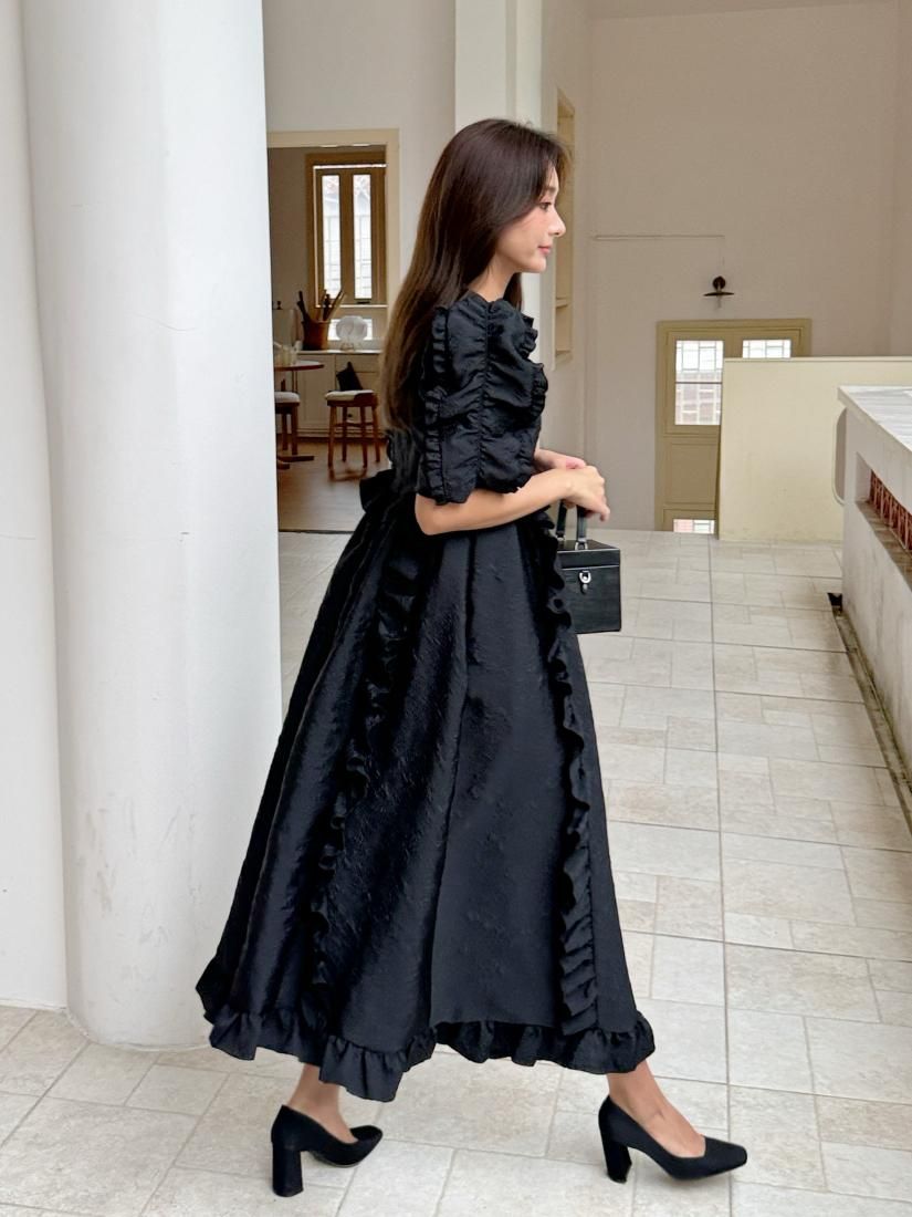 FRILL PUFF JACQUARD DRESS - BIRTHDAY BASH