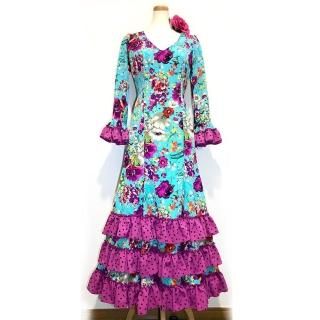 ロシオ風ファルダ | 赤地ピンク花柄 - フラメンコドレスショップ