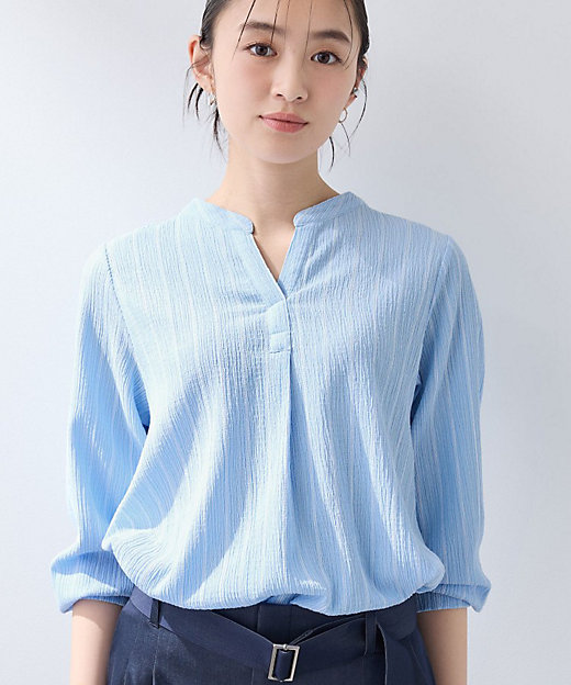 洗える／着心地楽ちん】ブラウス風ストライプカットソートップス