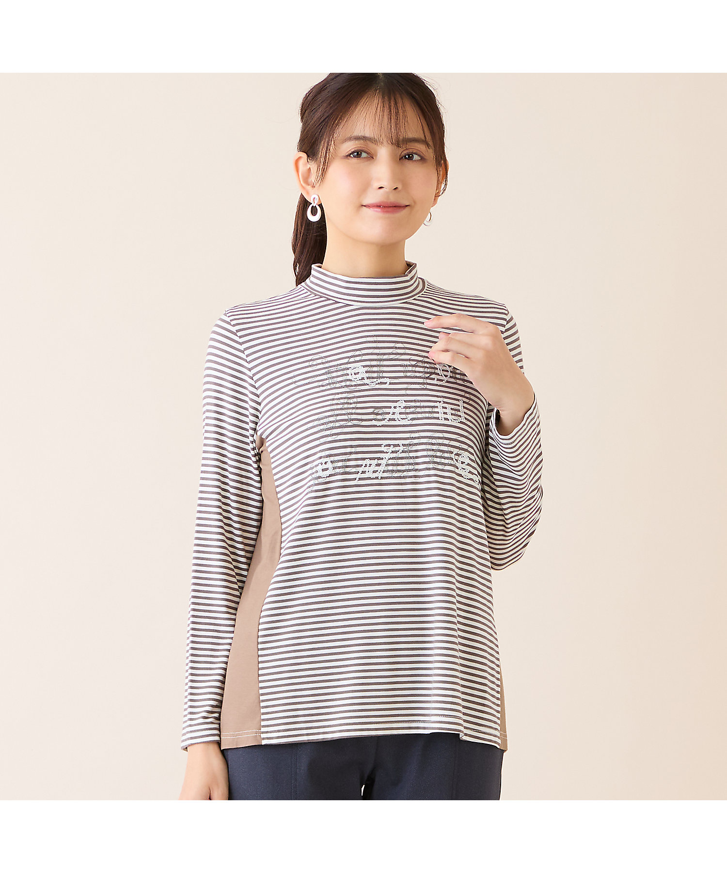 洗える】刺繍入りボーダーカットソー（12122602） | LOBJIE