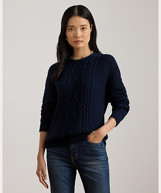 ケーブルニット コットン クルーネック セーター