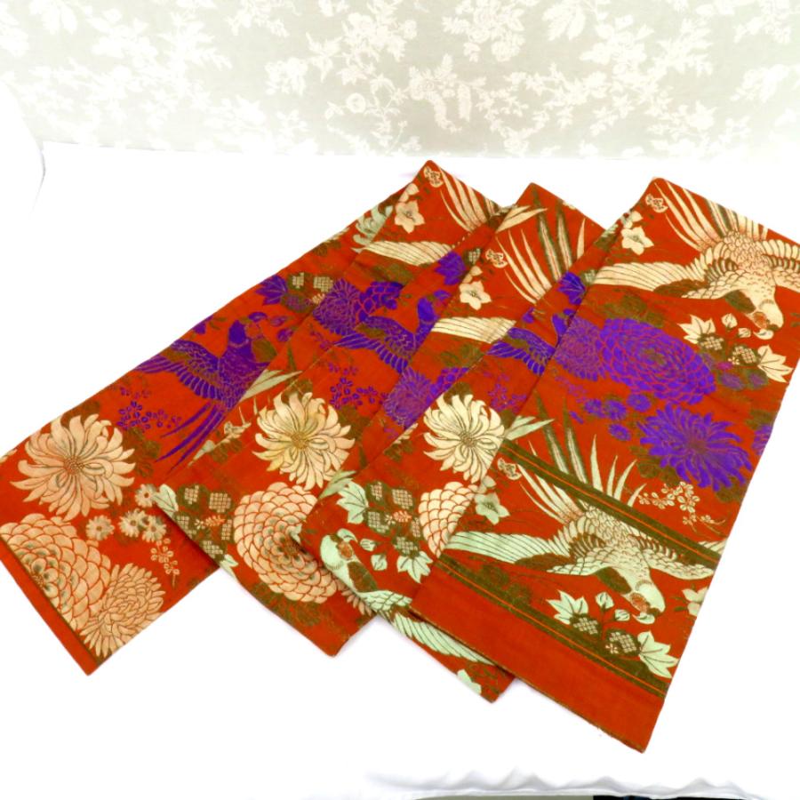 昔 子供帯 アンティーク 正絹 丸帯仕立 オレンジ ベージュ 紫 茶 鳥