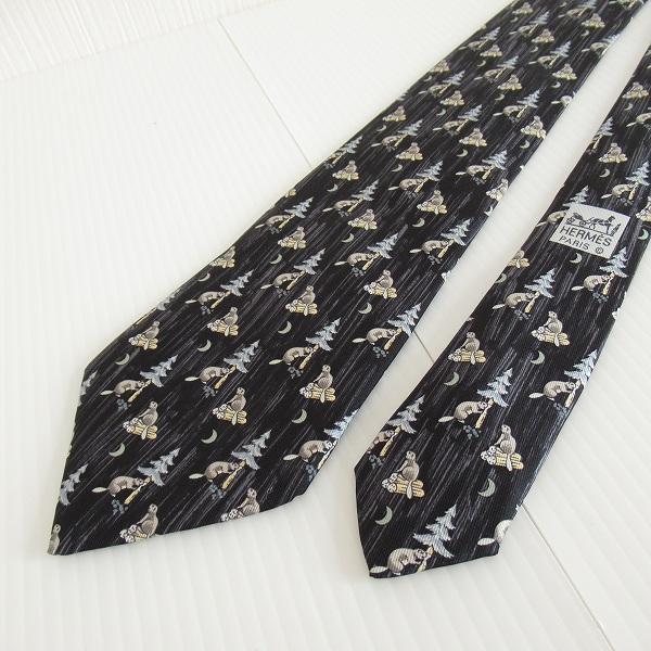 HERMES（エルメス） #anzt ネクタイ 黒 グレー シルク 総柄 ビーバー