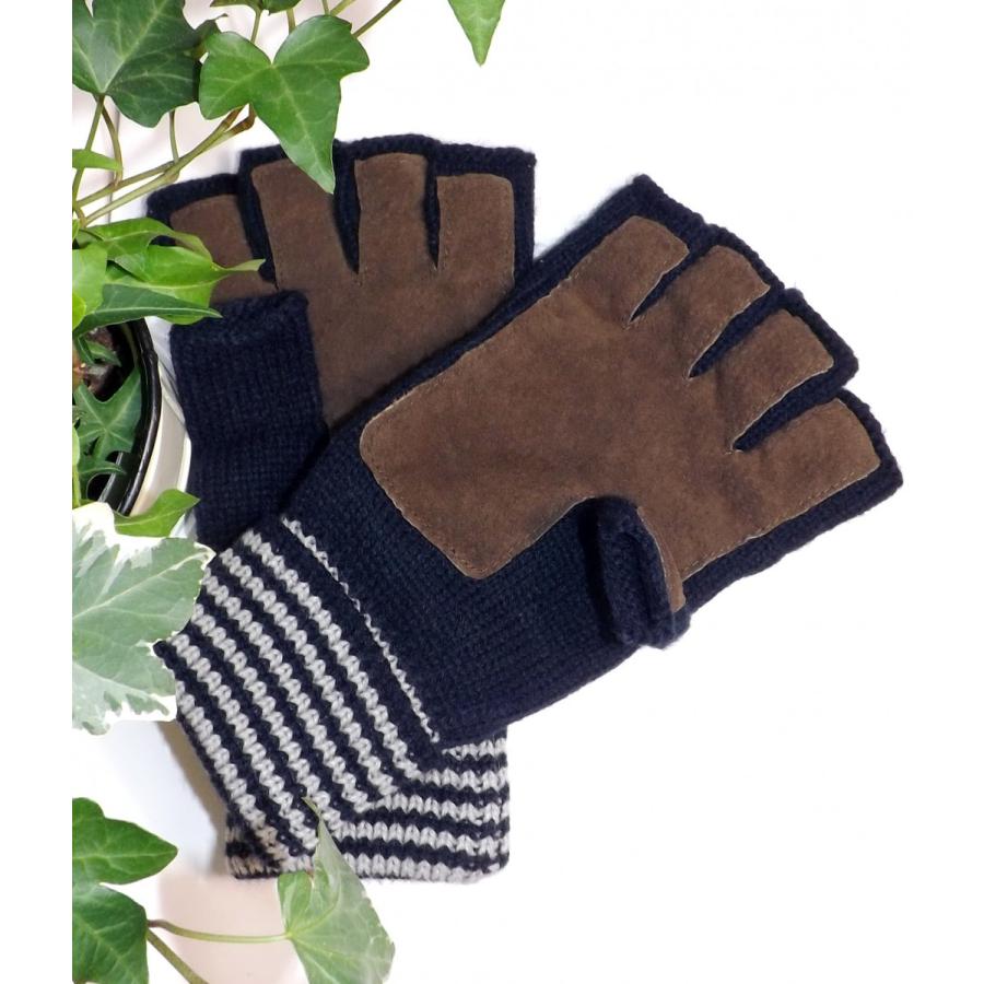 手袋 アクリル100% ニット手袋 レザーパーム 指なし ニット フィンガー