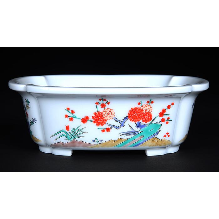 十五代柿右衛門色絵松竹梅外縁木瓜式鉢 盆栽鉢 鉢 植木鉢 盆器 有田焼