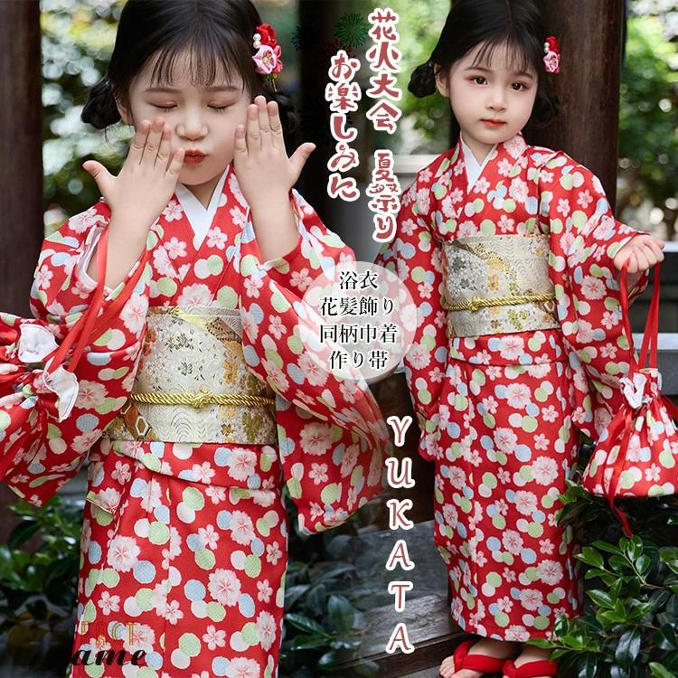 華やか 赤 花柄 女の子 浴衣 セット 作り帯 巾着 下駄 髪飾り キッズ