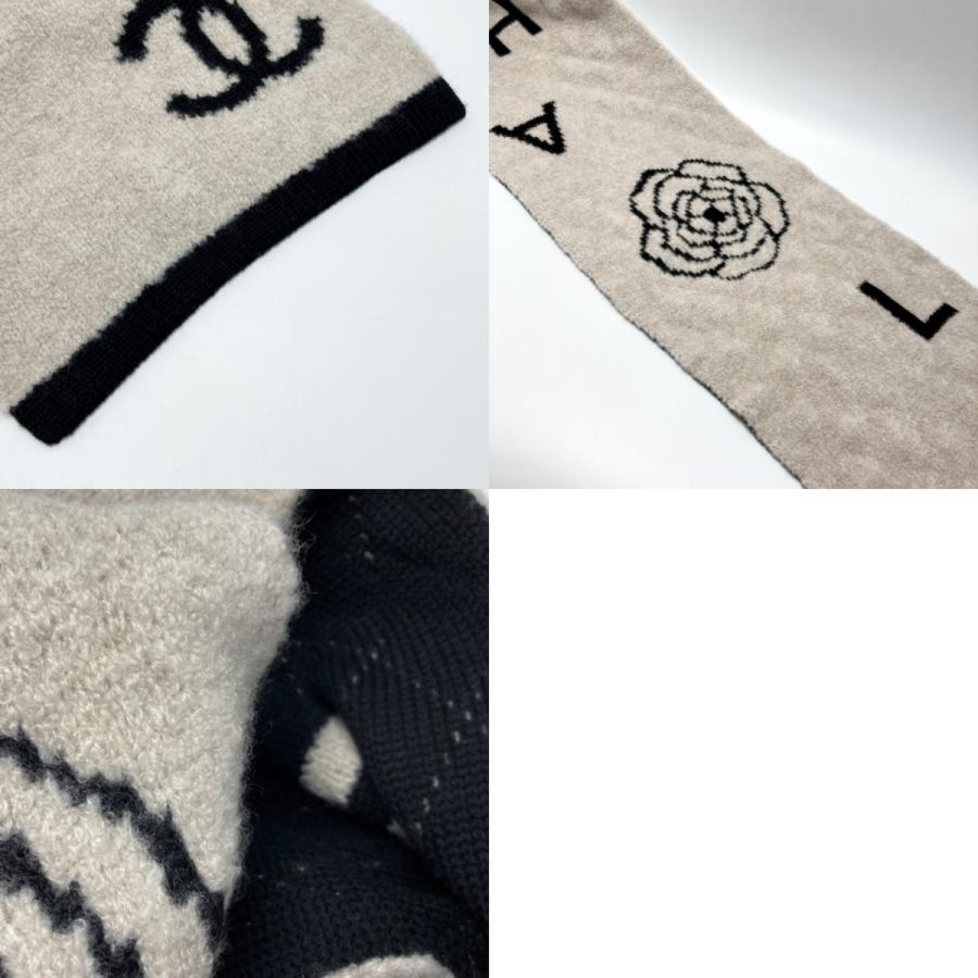 CHANEL（シャネル） ロゴ カメリア マフラー ベージュ×ブラック ウール