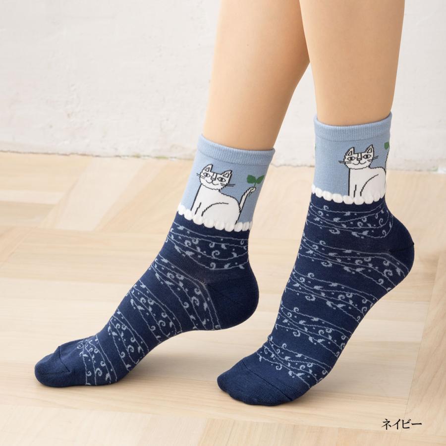 助野（SUKENO） にゃんこ堂 おすわり猫柄 クルーソックス 23-25cm(クロ