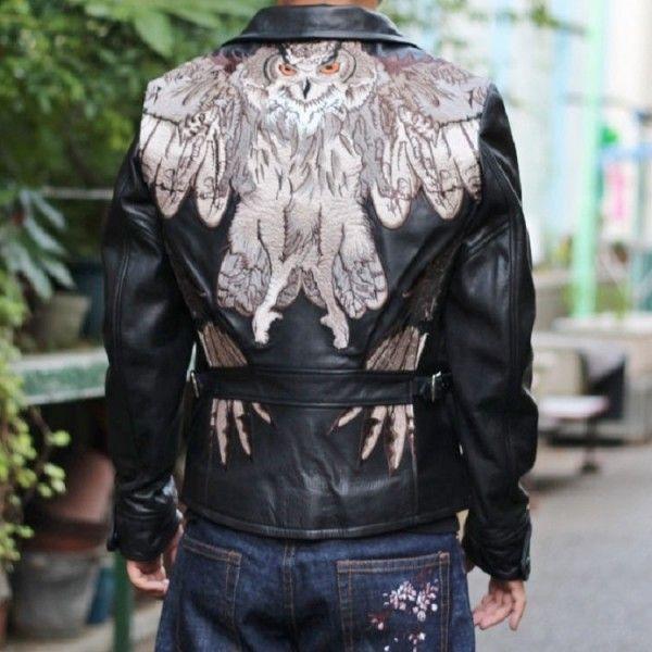 花旅楽団 梟刺繍レザーライダース SLRJ-008 /和柄 バイカー/数量限定