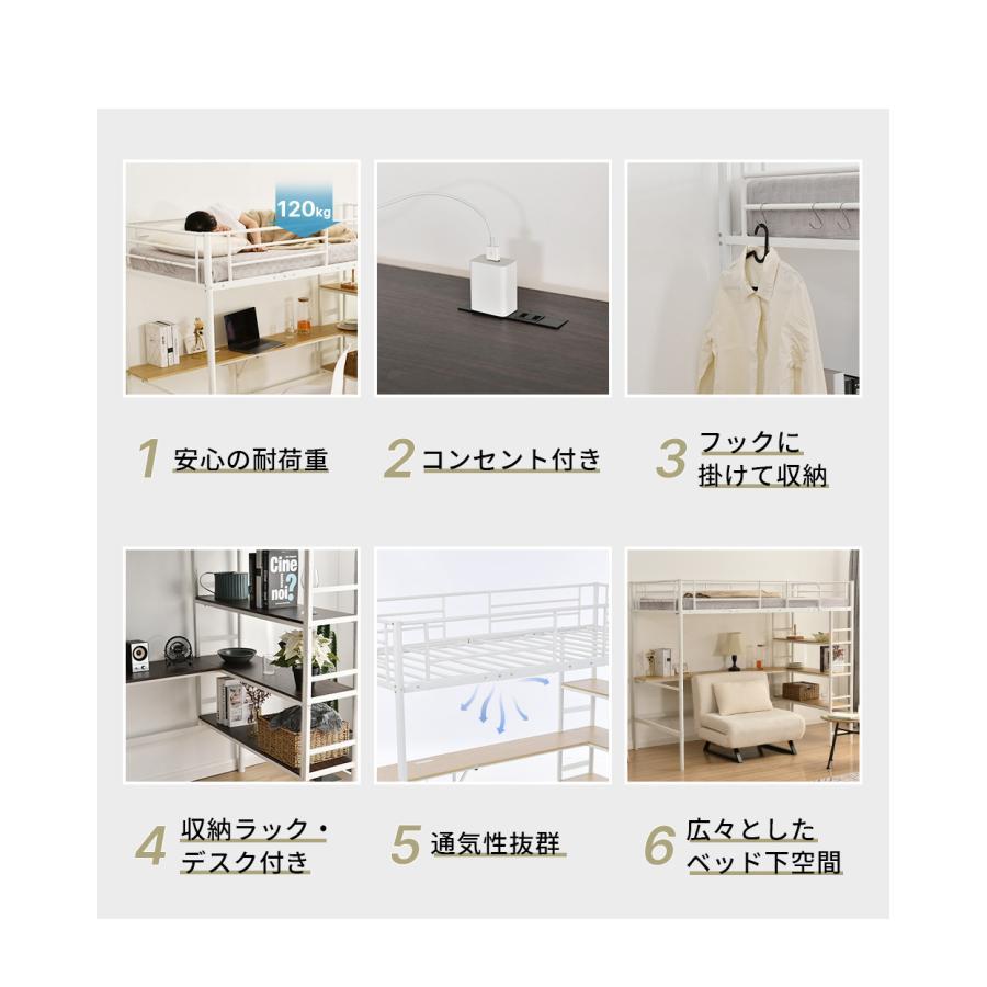 BTM ロフトベッド パイプベッド シングル コンセント付き デスク付き