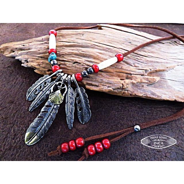 フェザー ネックレス ターコイズ ビーズ シルバー 色 インディアン