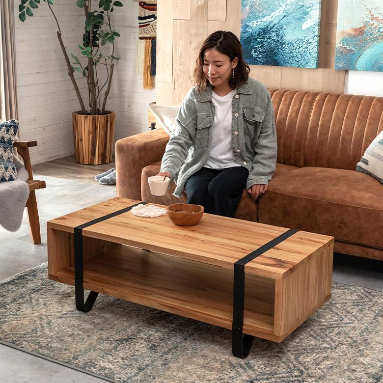 東谷 センター テーブル 木製 スチール 長方形 棚付き ロー 天然木