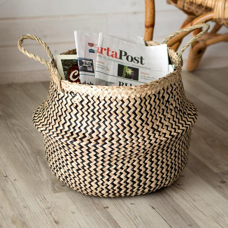 ELEMENTS バスケット かご 収納 ハンドル付き ブラック シーグラス製