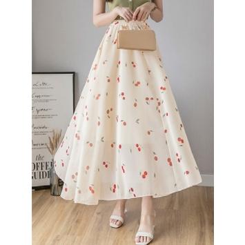 さくらんぼ柄ミディ丈ロングフレアスカート 可愛いキュート フェミニン