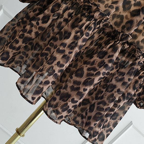 ワンピース レディース 長袖 フレア フリル レオパード ヒョウ柄 ミニ