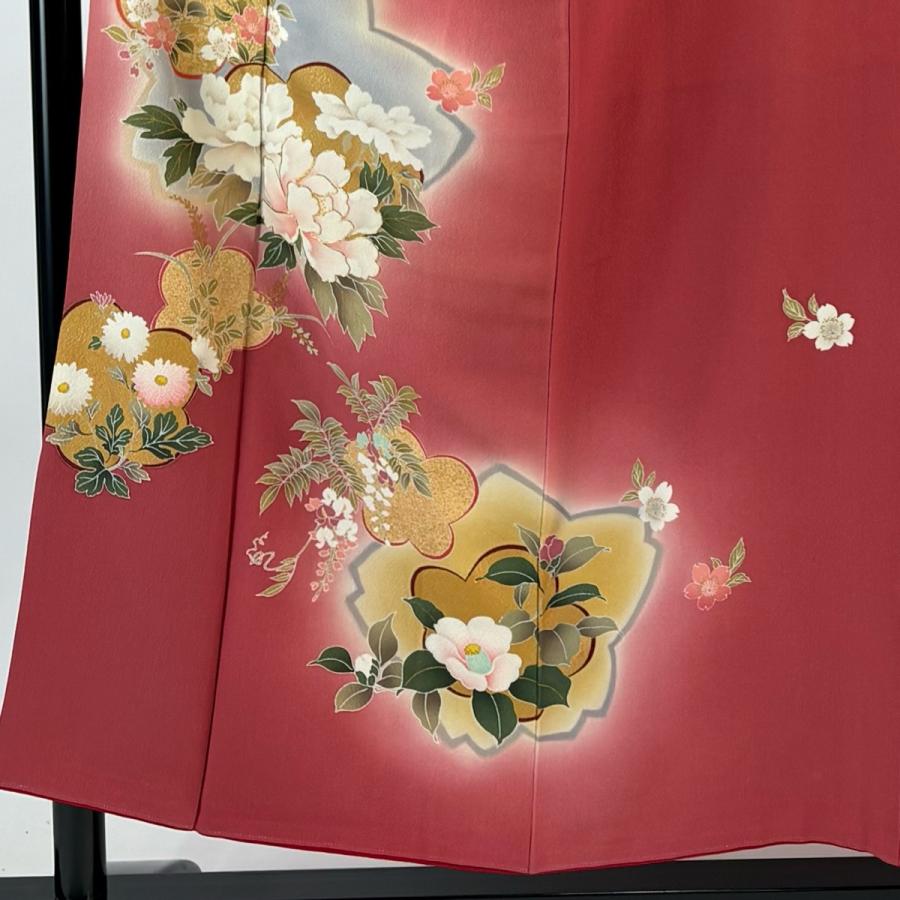 振袖 身丈155cm 裄丈64cm M 袷 牡丹 桜 金糸 金彩 茜色 正絹 秀品 中古