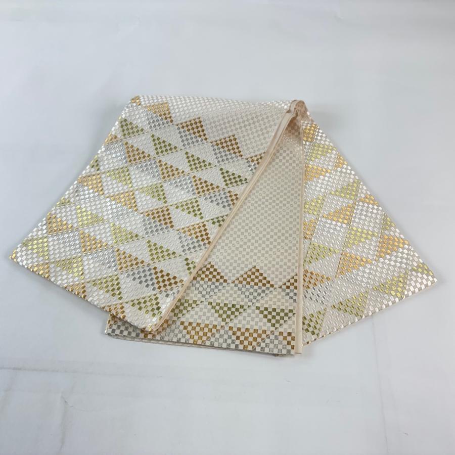 袋帯 逸品 落款あり 山口正夫監修 うろこ文 市松 金銀糸 クリーム