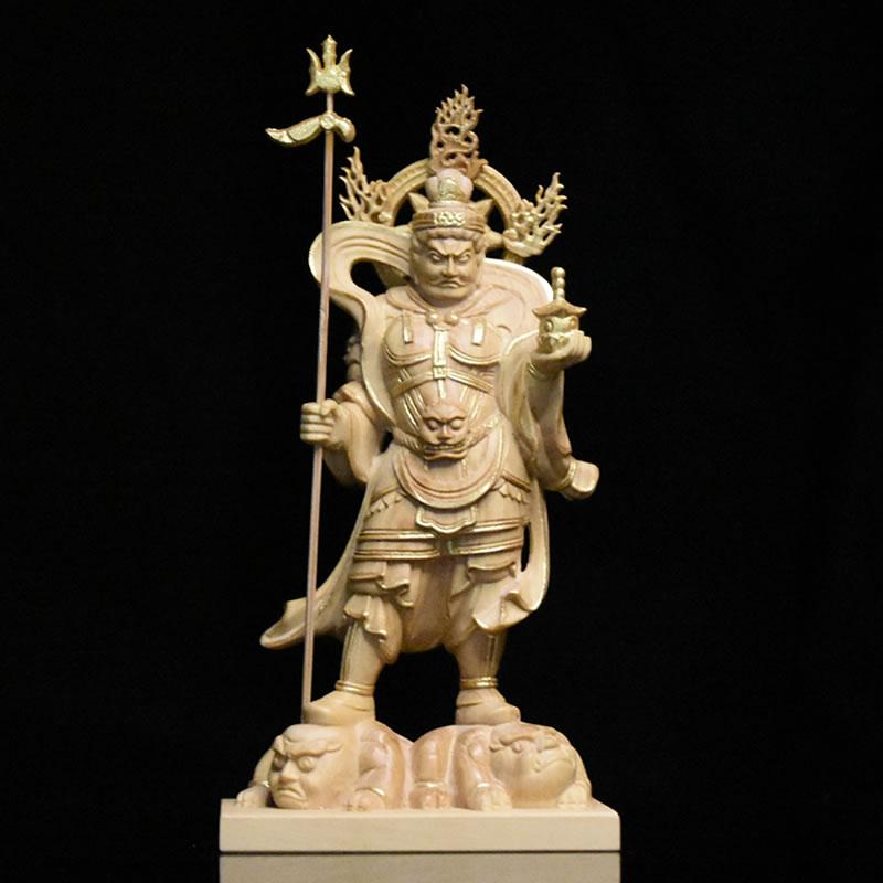 木彫り仏像-小仏 【毘沙門天像】 柘植金泥書 総高13cm ※桐箱付き : 海
