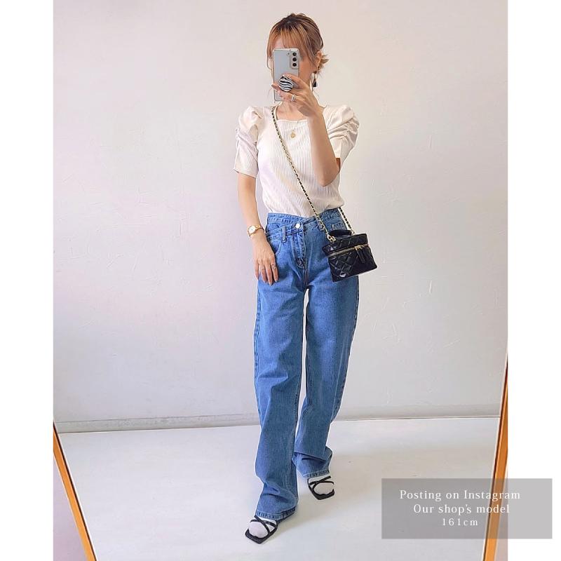 ハイウエスト ウエストデザイン ルーズ デニム ワイドパンツ